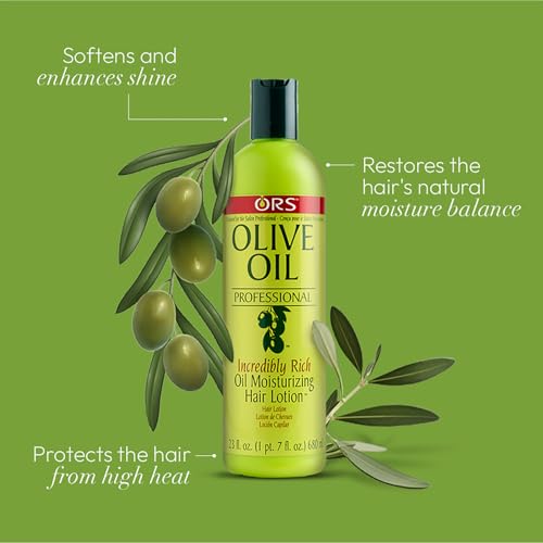 ORS Olive Oil Professional Rich Oil Moisturizing Hair Lotion hand-application demonstrates smoothing