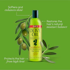 ORS Olive Oil Professional Rich Oil Moisturizing Hair Lotion hand-application demonstrates smoothing