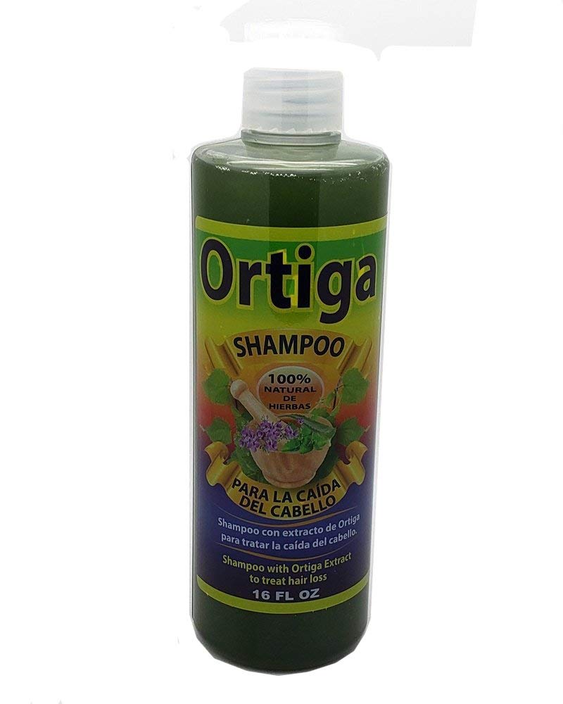 Ortiga Shampoo bottle on white backdrop highlighting nettle extract for healthy scalp.