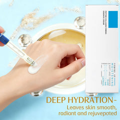 Cream texture highlights lightweight feel and non-greasy finish suitable for all skin types.