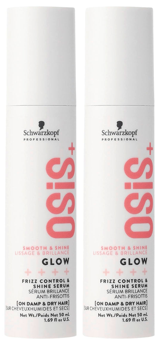 OSiS+ Glow bottle pour shows lightweight anti-frizz action for all hair types.