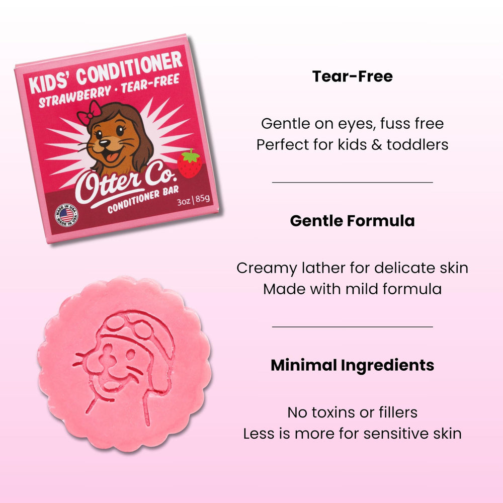 Otter Co Kids strawberry conditioner bar application shows gentle cleansing for sensitive scalps.
