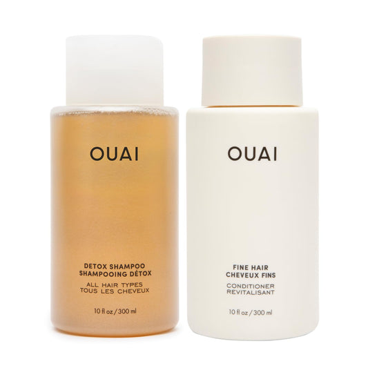 OUAI Detox Shampoo bottle clarifying buildup and hard water residue for refreshed roots.