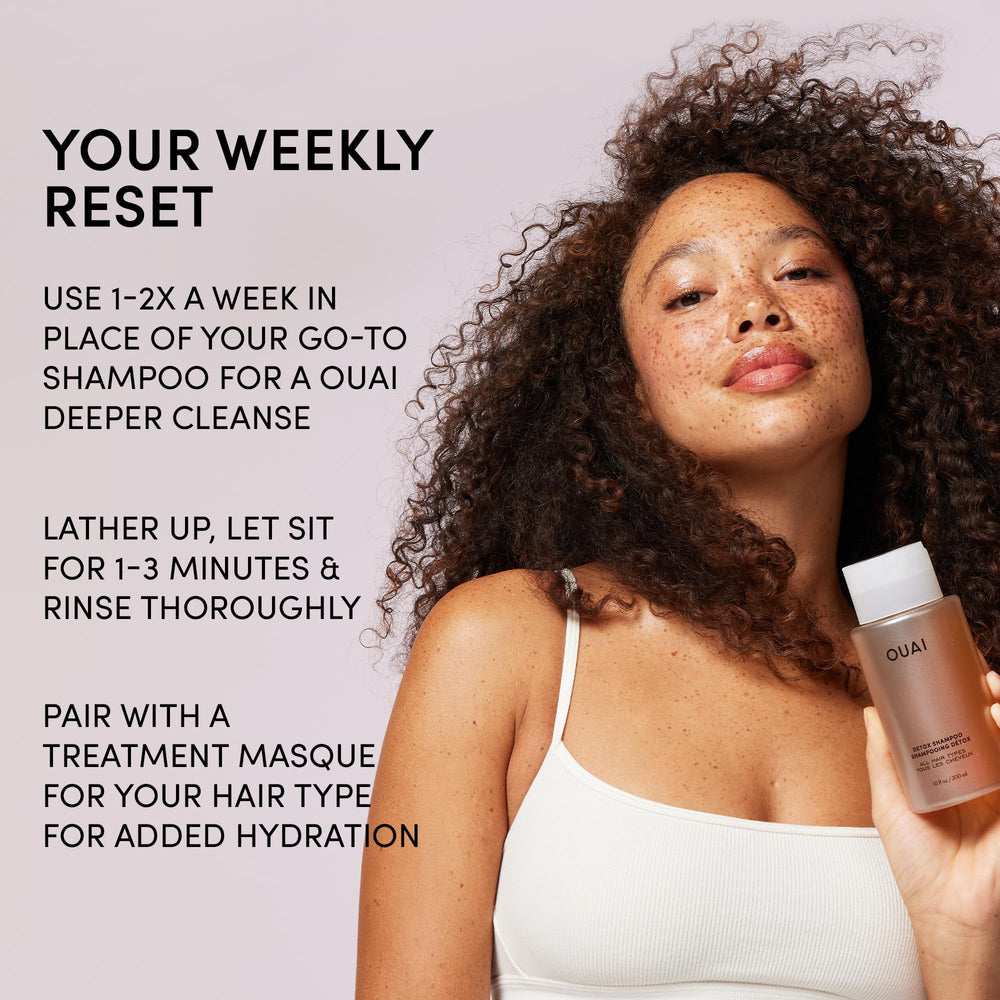 OUAI Detox Shampoo label detail with premium branding and usage tips