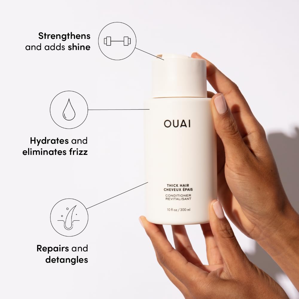 OUAI Thick Conditioner applied mid-length to ends for nourishment and shine.