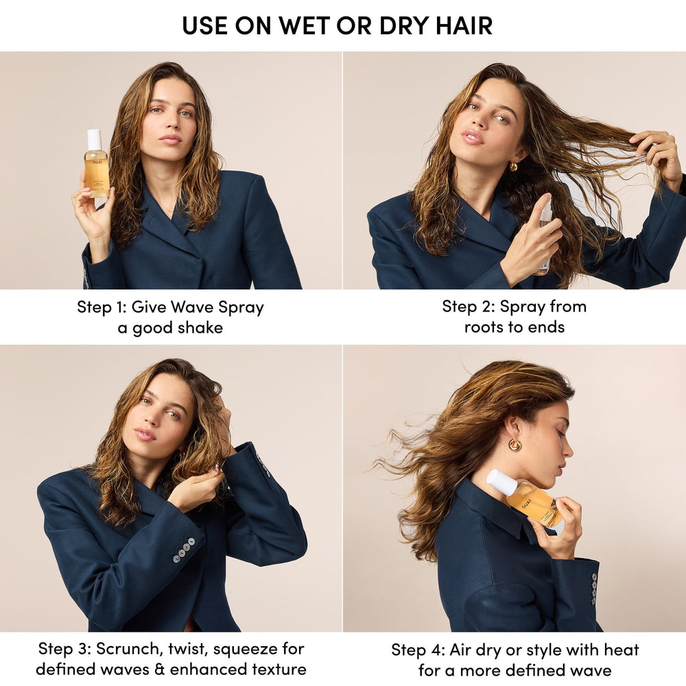 OUAI Wave Spray mist applied to damp hair to create texture