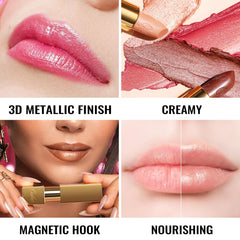 Oulac orange-red lipstick with metallic 3D shine for festive looks.