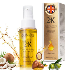 Oumigiz 24K Gold Hair Oil bottle showing premium shine and repair benefits.