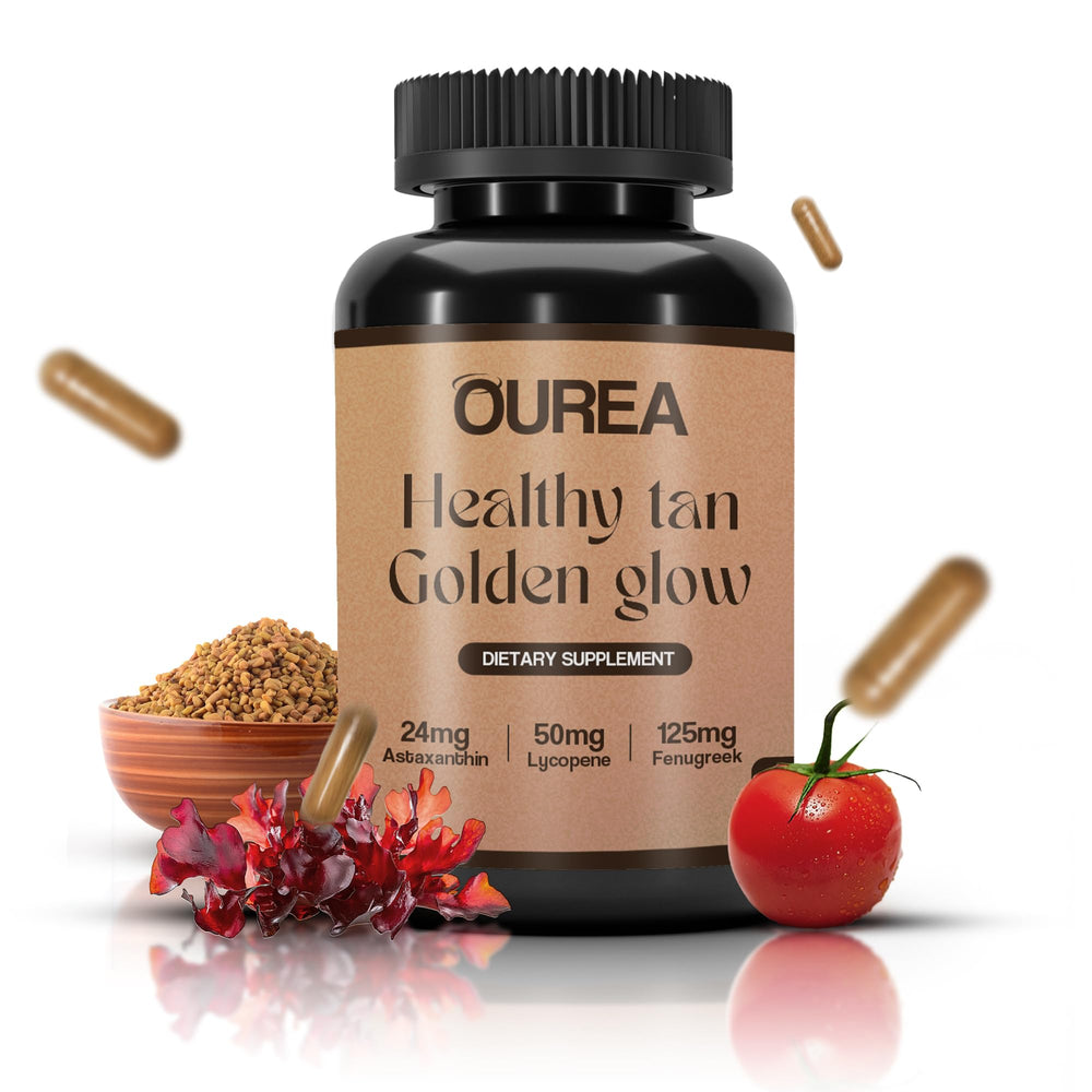 Ourea Carotenoid Golden Glow pills bottle closeup for radiant skin potential
