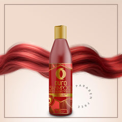 OURO Red Toning Shampoo bottle back label shows ingredients and usage