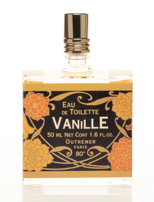 Outremer Paris Vanille bottle with chic Art Deco label, a timeless daily fragrance.