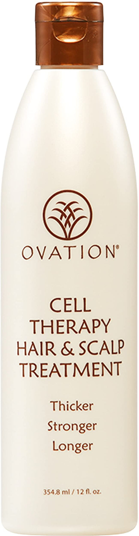 Ovation Hair Cell Therapy bottle on shelf promotes easy hair care.