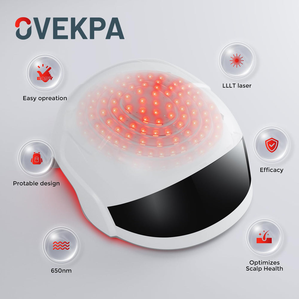 OVEKPA hair growth helmet close-up beads highlight consistent scalp coverage