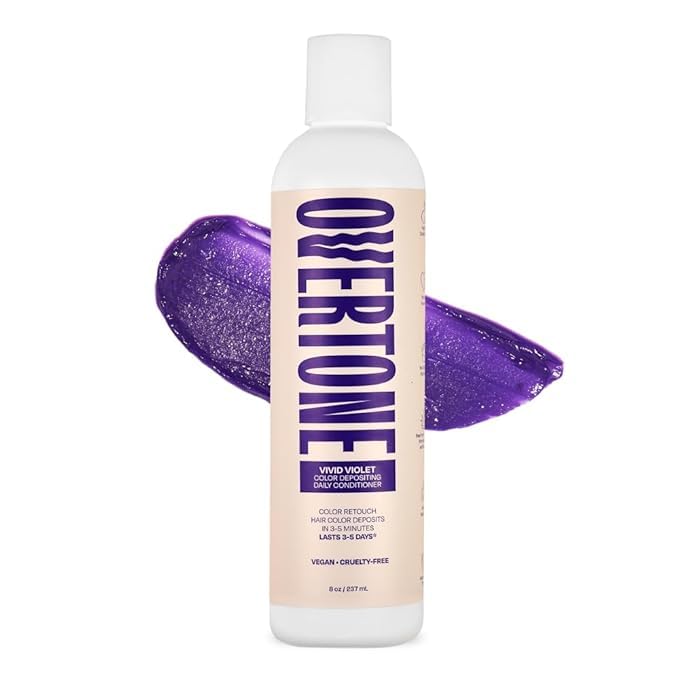 Overtone Vivid Violet bottle shows vibrant color and hydration for hair.
