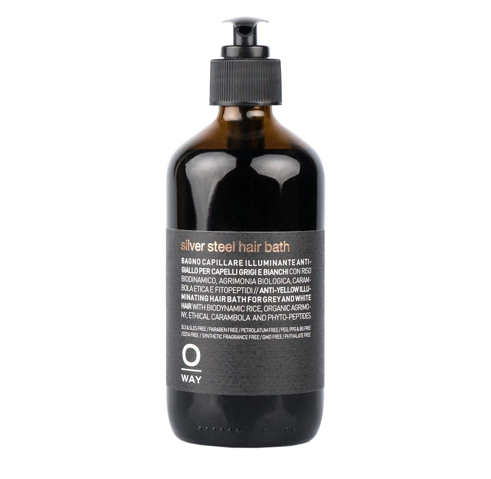 OWAY Silver Steel Hair Bath Shampoo bottle shown for daily, lightweight cleansing.