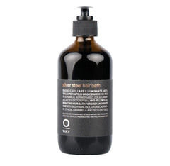 OWAY Silver Steel Hair Bath Shampoo bottle shown for daily, lightweight cleansing.