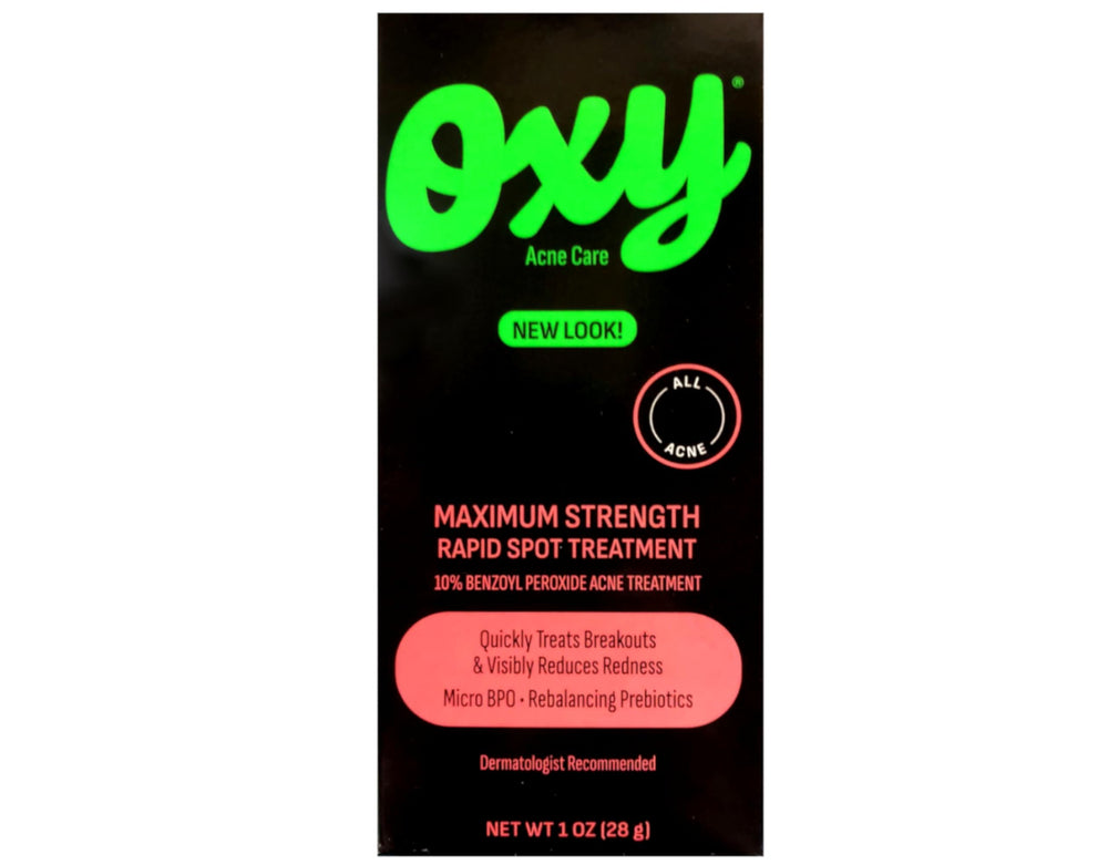 OXY Maximum Action Spot Treatment bottle-pressed view highlights quick application for blemishes