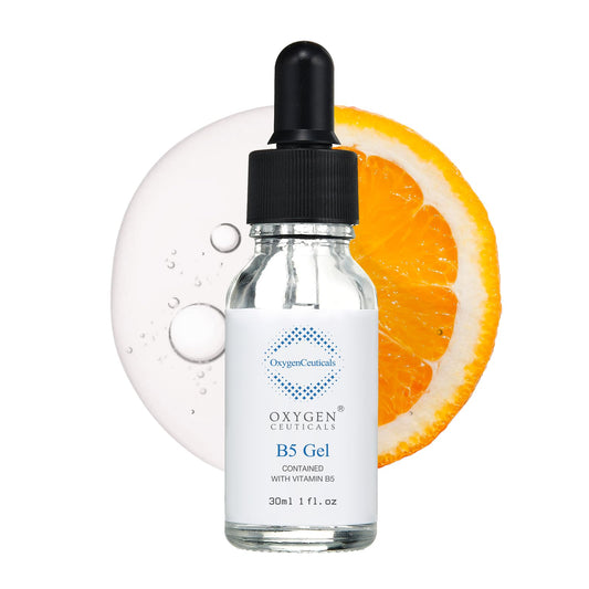 OxygenCeuticals B5 Gel packaging highlights a sleek design and moisture-boosting care.
