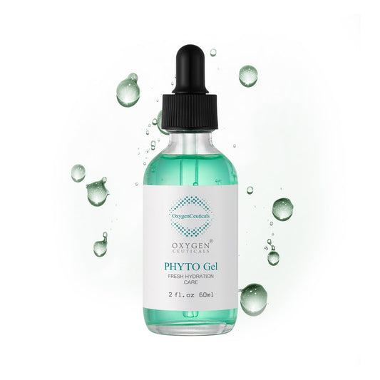 OxygenCeuticals Phyto Gel bottle pour illustrating hydrating serum for brightening and soothing skin