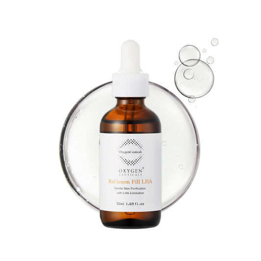 OxygenCeuticals ReGenon Fill LHA bottle closeup highlights gentle exfoliation potential.