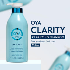 OYA Clarity bottle with pump shows easy, residue-free cleansing for vibrant, clean strands