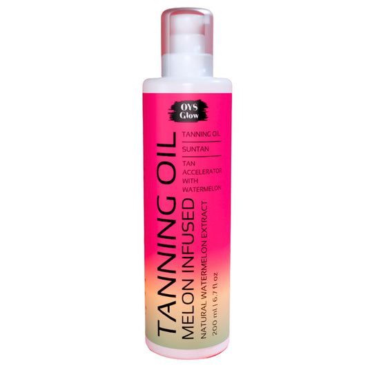 OYS GLOW Watermelon Tanning Oil bottle front showing quick absorption for a deeper indoor tan
