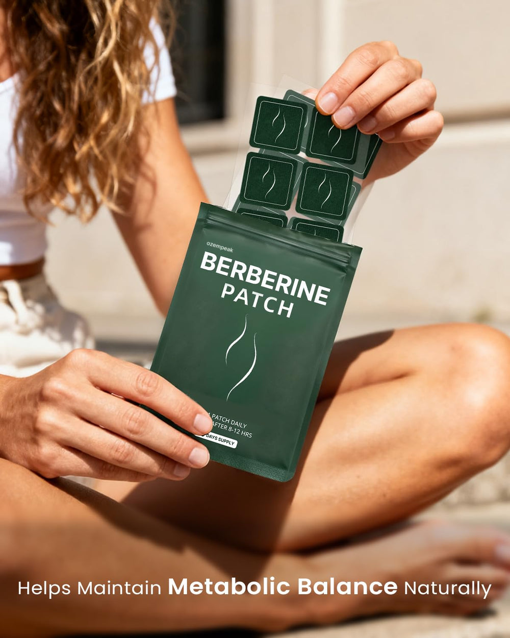 Ozempeak Berberine patch on skin demonstrates skin-friendly discs in use.