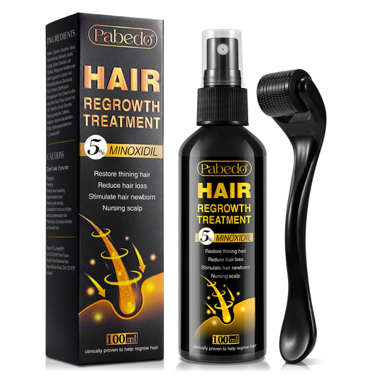 Pabedo 5% Minoxidil spray bottle with precise nozzle for targeted scalp use.