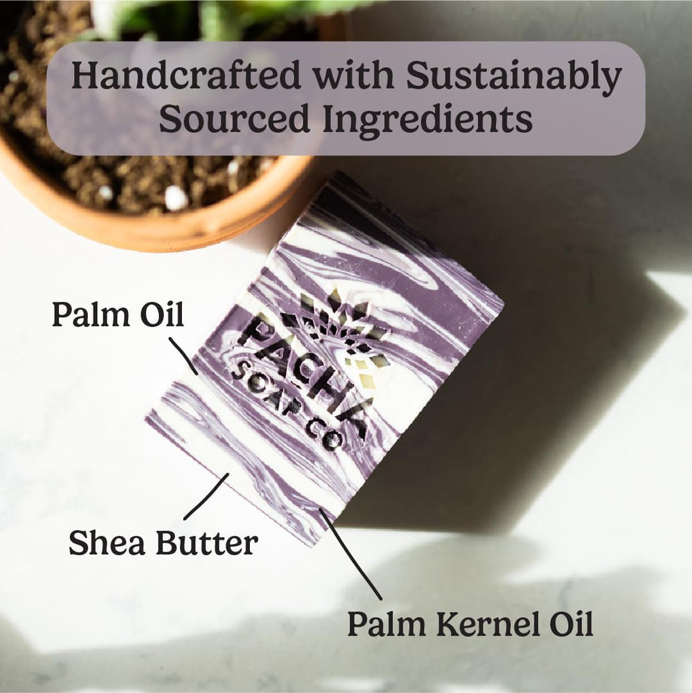 Pacha Soap Co. French Lavender bar soap with visible natural ingredients signaling purity.