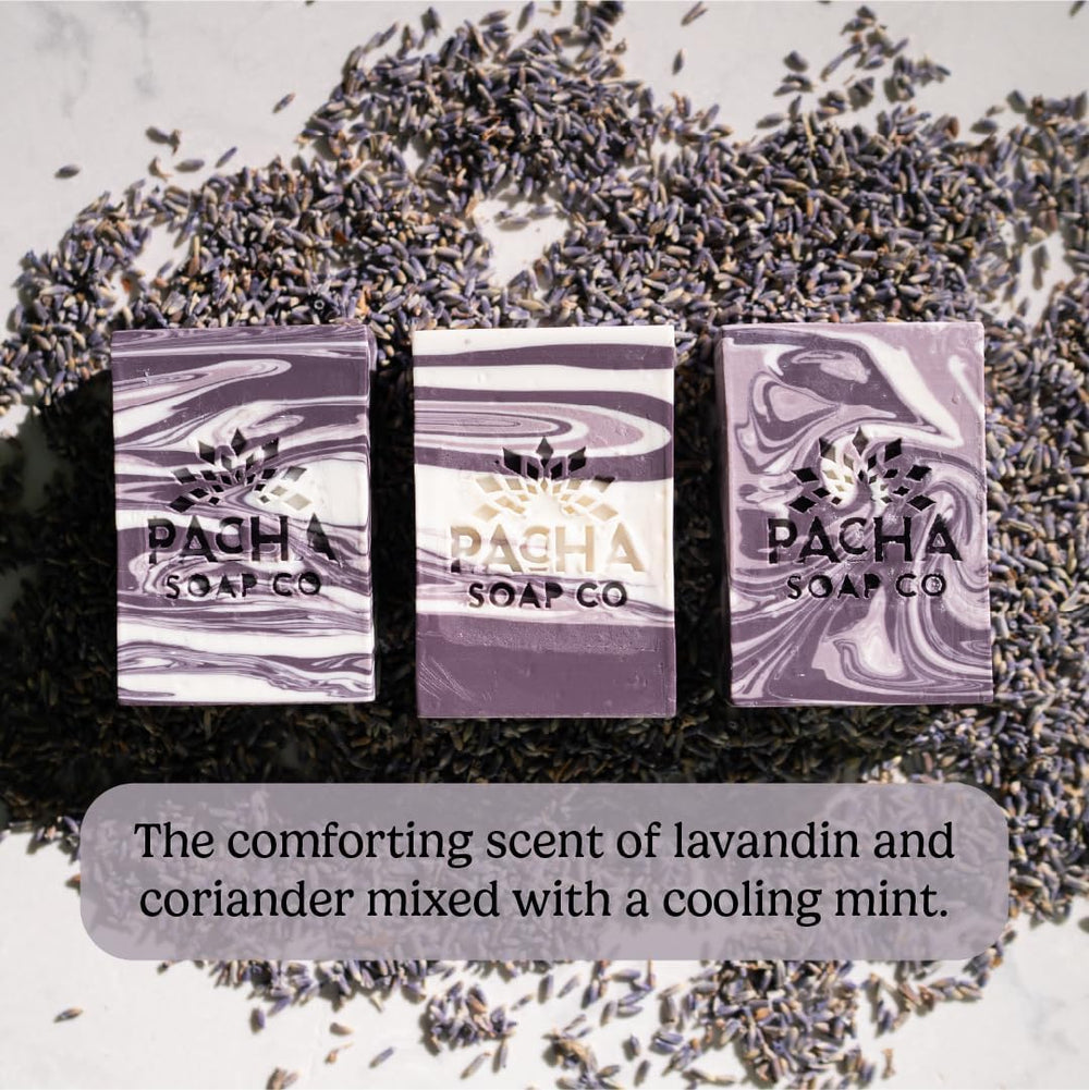 Pacha Soap Co. French Lavender bar soap slices reveal creamy lather and Brazilian clay.