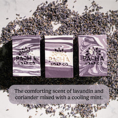 Pacha Soap Co. French Lavender bar soap slices reveal creamy lather and Brazilian clay.