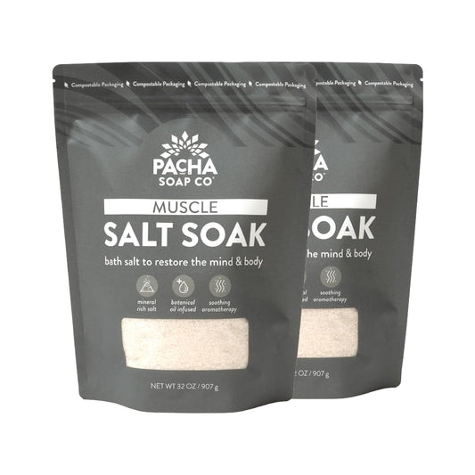 Pacha Soap Co Muscle Salt Bath Soak with Arnica bottle aiding post-workout recovery