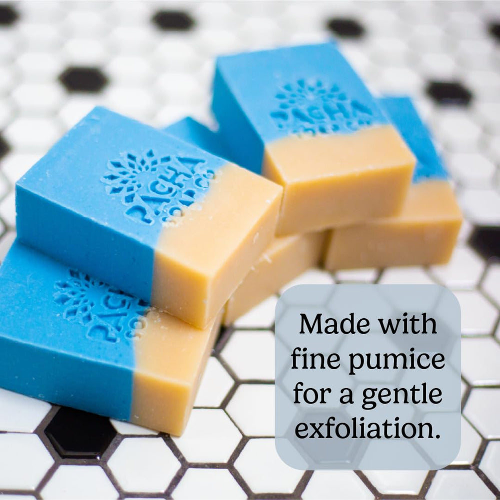 Pacha Soap Co. Sand and Sea bar showcases shea butter for hydrating, soft skin after wash