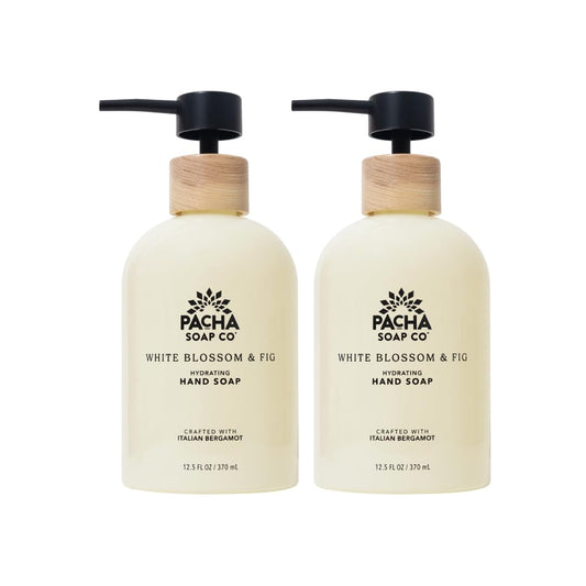 Pacha Soap Co. White Blossom & Fig bottle pouring for hydrated hands