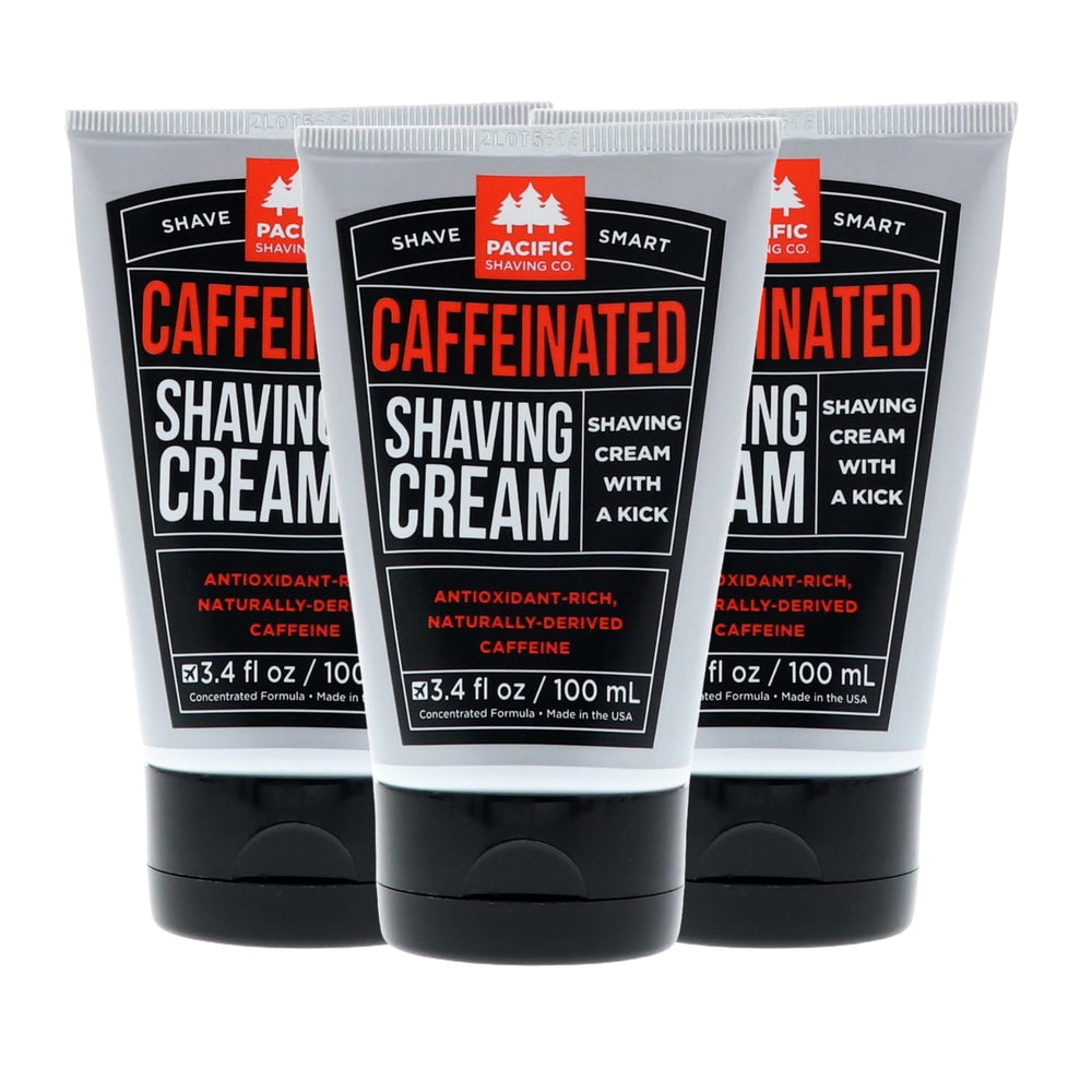 Pacific Shaving Co caffeinated shaving cream jar — energizing morning shave.