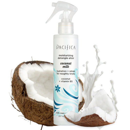 Pacifica Coconut Milk Hair Detangler Bottle displaying a lightweight detangler for smooth tangles.