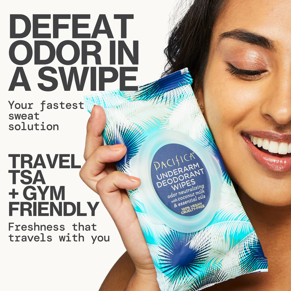 Pacifica coconut milk underarm wipes box open shows resealable travel-friendly packaging