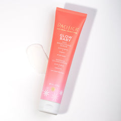 Pacifica Glow Baby Lit enzyme scrub application massage demonstrates even skin prep.