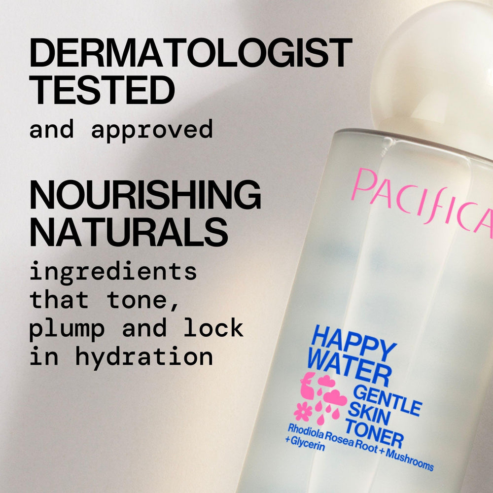 Pacifica Happy Water Toner face application demonstrates fast-absorbing hydration.