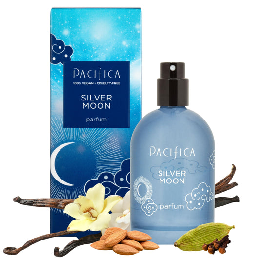 Pacifica Silver Moon bottle front view, showcasing a vegan gourmand fragrance for everyday wear.