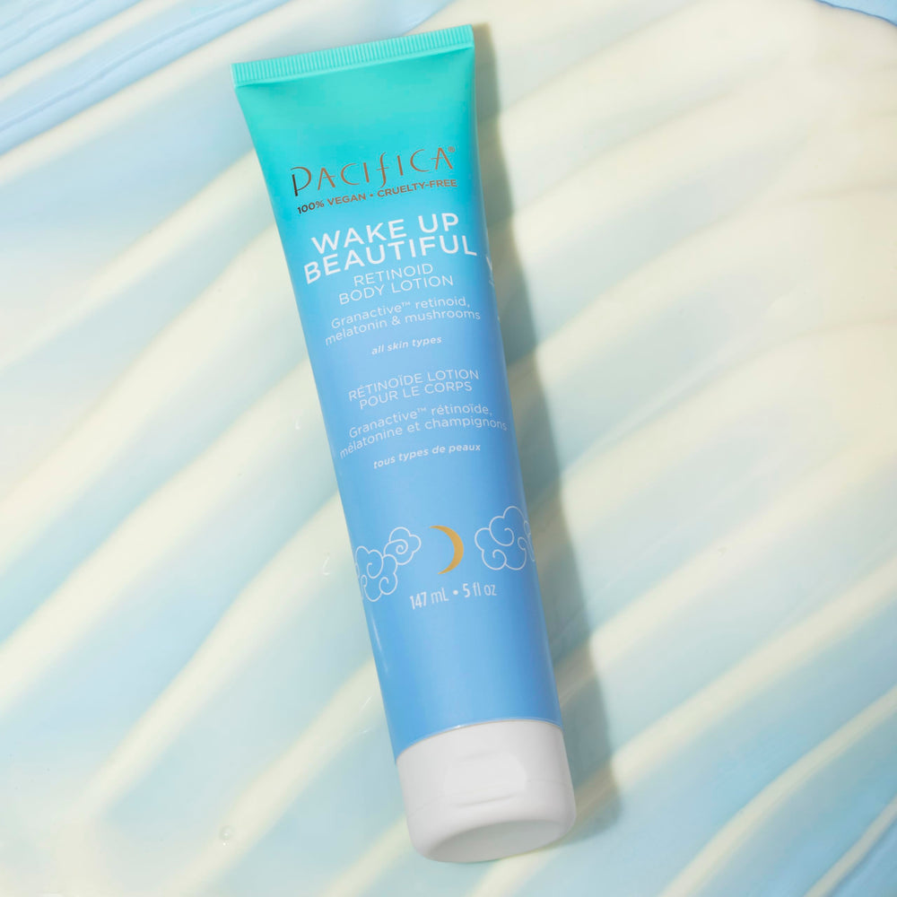 Night routine shot featuring Pacifica Wake Up Beautiful retinoid body lotion