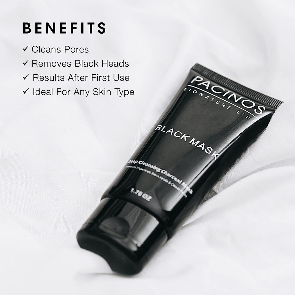 Pacinos charcoal mask application on skin highlights deep cleansing and purification.