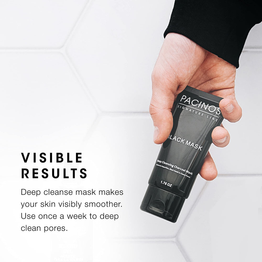 Pacinos deep cleansing mask close-up emphasizing pore refinement and clarity.