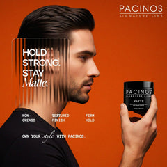 Pacinos Matte Hair Paste close-up shows matte texture without shine for versatile styles.
