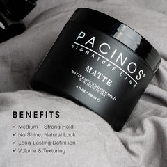 Pacinos Matte Hair Paste defines short hair with crisp lines and natural look.