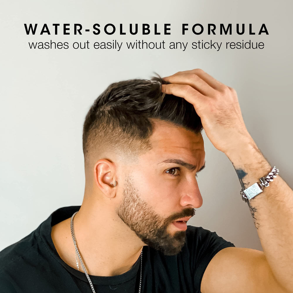 Model wearing Pacinos Sleek Extrahold pomade for lasting definition.