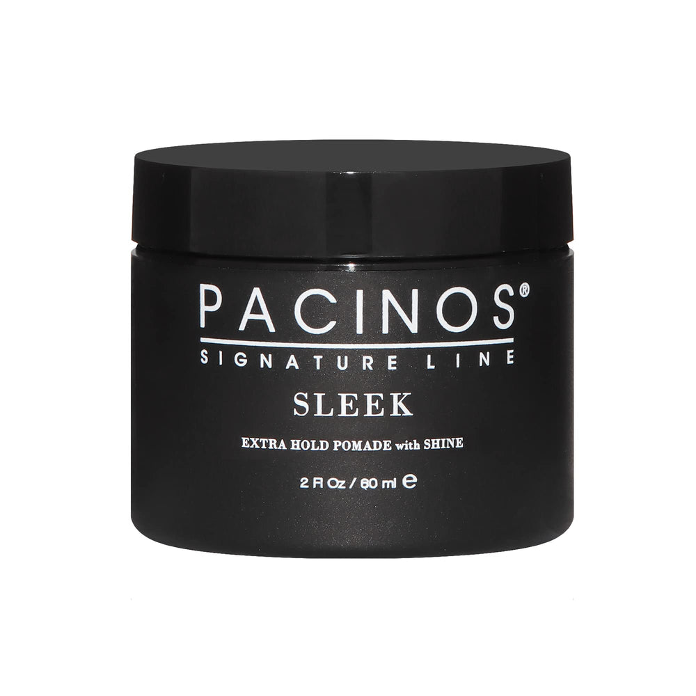 Pacinos Sleek Extrahold pomade bottle shows all-day hold with a glossy finish.