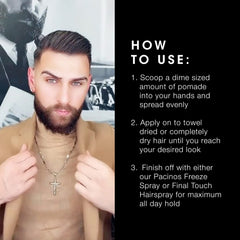 Reflection highlights shine finish of Pacinos Sleek Extrahold pomade on a sleek look.