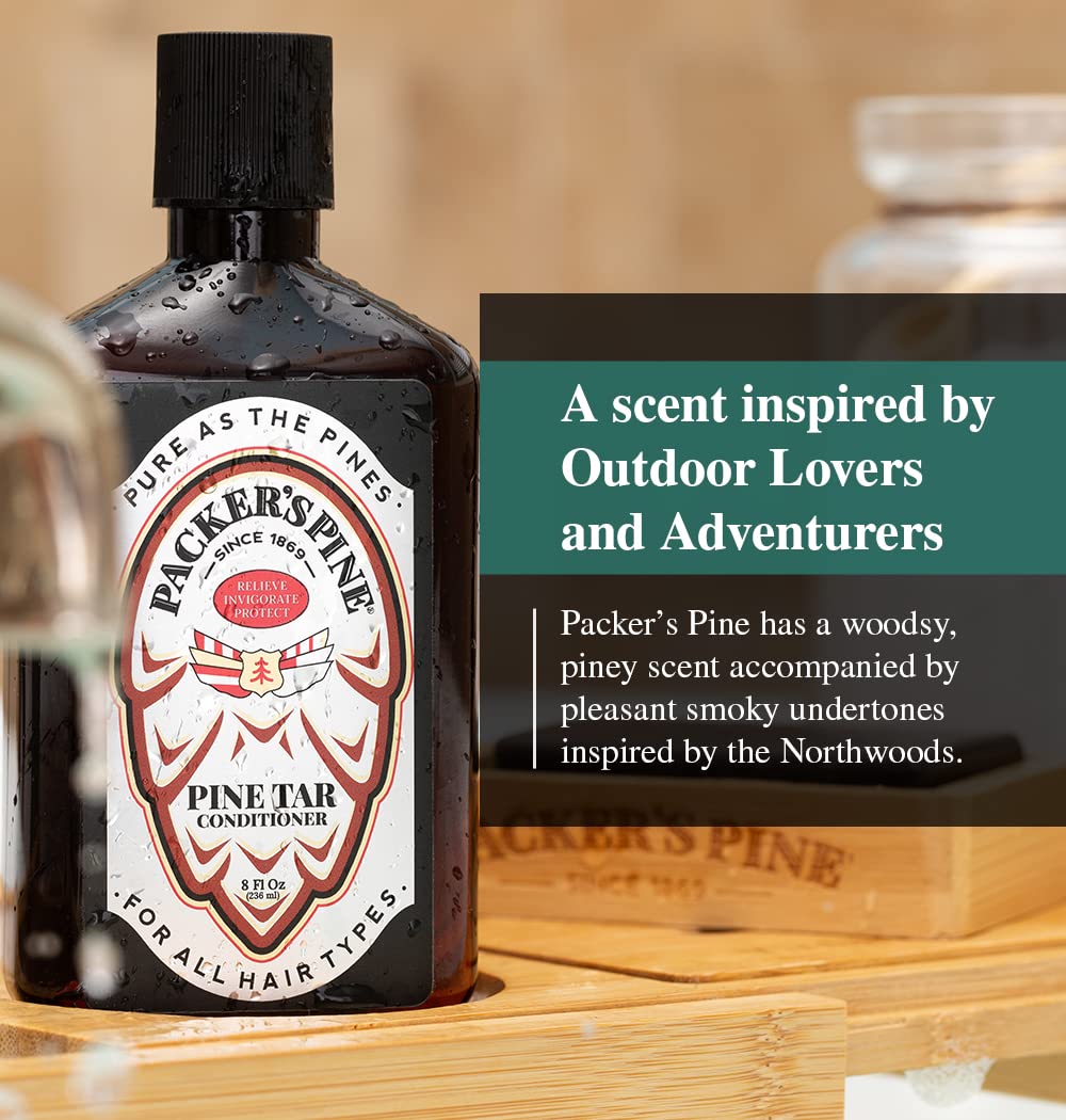 Packer's Pine Tar Conditioner jar detail highlights paraben- and sulfate-free care.