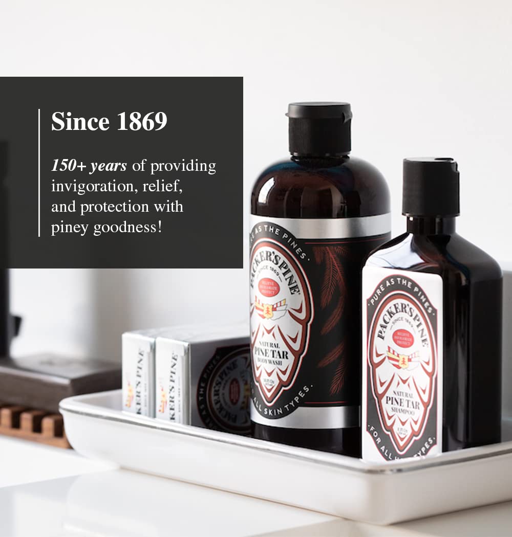 Packer's Pine Tar Shampoo bottle on a wooden shelf for adventure.